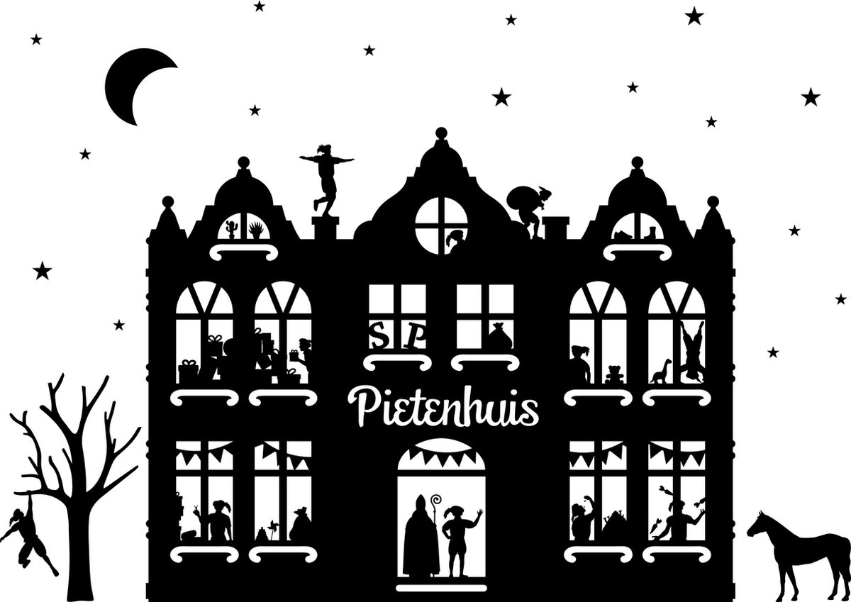 Raamsticker Pietenhuis | Sinterklaas | Pieten | Zwart | 36 x 25 cm | Stickervoordeelshop.nl